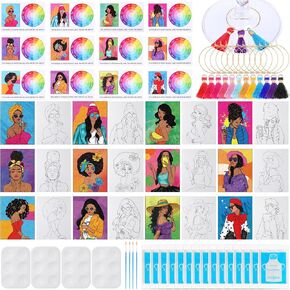 12 Sets Sip and Paint Party Kit for Adults Pre Drawn Canvas 8 x 10 Inch Pre-Stretched Afro Queen Style Prepainted Canvas Kit for Beginner Artists Painting Date Night Party Supplies