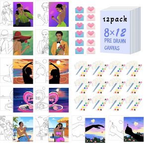 Ynedin 12 Sets Sip and Paint Kit for Adults Couples Painting Kit Date Night,Pre Dran Canvas to Paint for Adults, Canvas Couples Games Date Night Paint Party Supplies