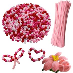 Swpohrat 100 Pcs Light Pink Craft Pipe Cleaners with 800 Pcs Pony Beads for Valentine's Day Craft Bracelet Necklace Earring Jewelry Making,DIY Craft Projects Wedding Party Decorations