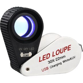 30x Magnification Gem Loupe with UV & LED Lights 22mm Triplet Lens Portable Jewelry Magnifier Eye Inspection Loupe for Gemstones Optical Lens Magnifier Rechargeable Battery for Jewelers, Gemologists