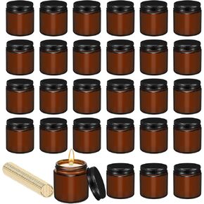 28 Pcs Glass Candle Jars with Lids Bulk 4 oz Leakproof Round Empty Candle Containers for Making Candles, DIY Craft Holder Tins with Labels (Amber, Gold)
