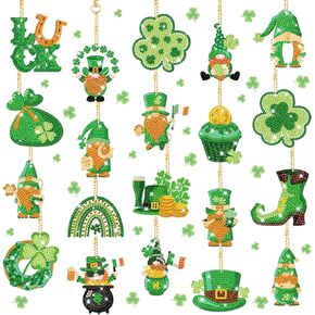 20 Pieces St. Patrick's Day Diamond Painting Ornaments 5d DIY Diamond Painting Keychain Kit Lucky Green Shamrock Gnome Diamond Art Kits Irish Day Ornaments for Crafts Party Decor