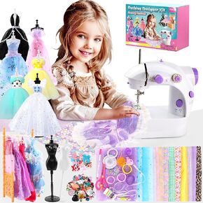 Pllieay Mini Sewing Machine for Beginners - 240 Pieces Fashion Designer Kit with Portable Sewing Machine for Girls, DIY Doll Clothes Making Kit with 2 Mannequins, Creativity Gift Toy for Kids