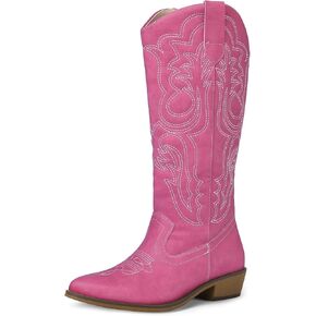 mysoft Women's Cowboy Boots Mid Calf Cowgirl Boots Embroidered Western Pointed Toe Chunky Heel Pull On Knee High Boots