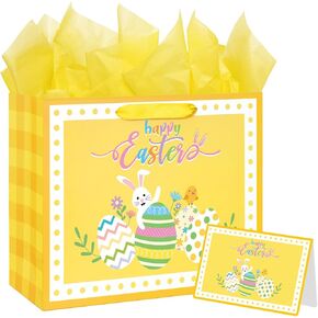 13" Large Easter Gift Bag with Tissue Paper and Greeting Card for Gifts Wrapping, Party Supplies, Easter Basket Container