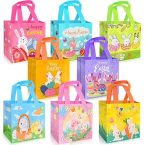 Yibindada 8 PCS Easter Gift Bags, Easter Baskets with Handle, Reusable Easter Treat Bags, Non-Woven Easter Goodie Bags for Egg Hunt Candy Easter Party Supplies