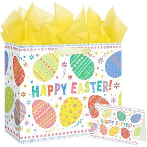 13" Large Easter Gift Bag with Tissue Paper and Handles for Gifts Wrapping, Party Supplies, Easter Basket Container (Easter Eggs)