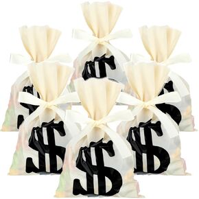 Tinlade 60 Pieces Money Treat Bags Sign Party Favor Candy Loot Bags for Party Sign Sacks with 25 Yards Ribbon for Money Theme Supplies