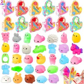 28 Pack Valentines Day Gifts Animals Mochi Squishies Toys with Heart Boxes Valentines Cards for Kids School Classroom Exchange Stress Relief Fidget Squeeze Toys for Girls Boys Valentine Party Favors