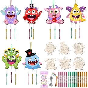 TREACLUB 12 Pack Monster Wind Chime Kit Make You Own Cartoon Wind Chime Kids Crafts DIY Monster Ornaments Decorations Wooden Arts Fall Craft for Girls Boys Valentines Day Activity Party Favor