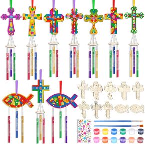 Colingmill 30 Pack Cross Wind Chime Kit Make Your Own Sunday School Wind Chimes Decorative Bulk Religious DIY Coloring Christian Wooden Crafts for Sunday School VBS Church Easter Art Party Favors