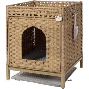 Cat Litter Box Enclosure Handwoven Rattan Hidden Litter Box, 18.5×20.4×23.2 Inches, Cat Litter Box Enclosure Furniture with Metal Heightened Feet & Cats Litter Mat for Living Room Natural