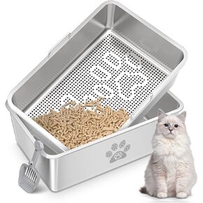 Sifting Litter Box for Pine Pellets, Sifting Stainless Steel Cat Litter Box for Wood Pellets, Metal Litter Box with Scoop, Brush, Two Rolls of Garbage Bags, Low Dust, Less Tracking, Odor Control