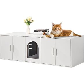 VEVOR Cat Litter Box Enclosure for 2 Cats, Litter Box Furniture Hidden with Double Rooms, Wooden Cat Box Cabinet Fit Most of Litter Box, 57.9" L x 18.3" W x 17.9" H, White