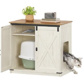 Cat Litter Box Enclosure, Hidden Litter Box Furniture Cabinet with Storage, Reversible Entrance Left or Right Side,Cat House, Farmhouse, 31.5x19.7x31.3 Inches, Rustic Brown and White CB85414X