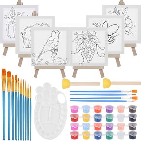 6 Pack 4x4 in Canvas Boards for Painting,Canvas for Painting with Mini Easel, Art Canvas Painting Kit with 10 Brushes & 1 Paint Tray for Kids Teenagers Acrylic Pouring Oil Water Color Gift