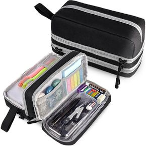 Genteen Large Capacity Pencil Case,Multifunction Pencil Pouch,Pencil Bags with Zipper 3 Compartments Pencil case organizer for or School Teen Girl Boy Men Women（Black）