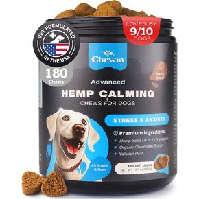 Hemp Calming Chews for Dogs - Dog Calming Treats - Anxiety Relief for Dogs - L-Theanine, Chamomile Extract, Valerian Root - Dog Anxiety Relief for Vet Visits, Travel, Thunderstorms, Nail Trimming