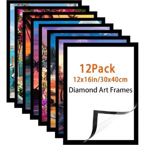 Picture Frame, 12x16 Inch, 12 Pack (Black), Magnetic, Self-Adhesive, PVC, for Diamond Art, Pictures, Wall Mount, 30X40cm, Suitable for 10x14inch Picture