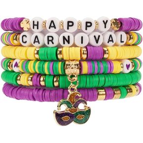 Lonext Vibrant Mardi Gras Bead Bracelets - 7.2" (Pack of 6) - Assorted Colors, Ideal for Festive Parties & Parades - Comfortable Fit, Stunning Design