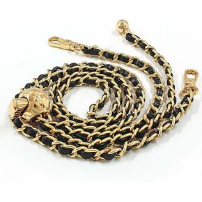 Luomorgo 1 Pc Thin Adjustable Chain Handles Strap, Long Purse Strap Replacement, Metal Chain with Black PU Leather Chain Handles for Shoulder Bags, Crossbody Bags DIY Crafts (Gold, 47" Length)