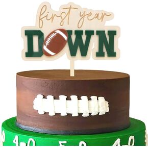 First Year Down Wooden Cake Topper,Football 1st Birthday Party Decorations,Sports One Birthday Wood Cake Topper,Little Footballer Smash Cake Photo Props (First Year Down Wooden)