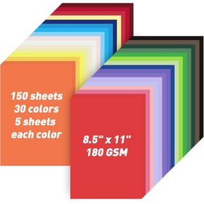 8.5" X 11" Colored Cardstock Bulk 150 Sheets 30 Assorted Colors Construction Paper Card Stock Printer Paper for DIY Crafts, Cricut Card Making, Party Decor, Kids School Supplies, 180 GSM