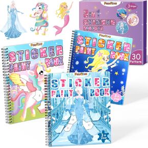 PERRYHOME 3PCS Sticker by Number Paint Books for Girls Ages 4-8, Unicorn Mermaid Frozen Themes Sticker Activity Books, Girls Crafts Party Birthday Christmas Gifts Toys