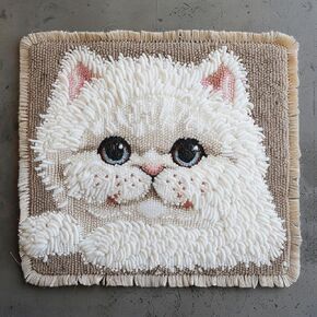 Generic Cartoon White Cat Latch Hook Rug Kit for Kids Beginner Easy Little Mat with Printed Canvas DIY Hook Making Crochet Yarn Craft Tapestry for Decoration and Gift 12x12inch, As Main Picture