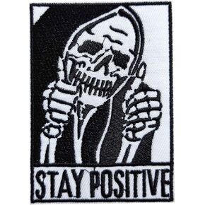 Stay Positive Thumbs-up Skull Iron On Sew On Patch, Embroidered Patch Emblem Badge for Clothes Hats Bags Shoes Backpacks Jeans