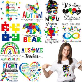 DECYOOL 12 Sheets Autism Awareness Iron on Transfers, Heat Transfer Vinyl Autism Iron on Decals for T Shirts Puzzle Rainbow Appliques Autism Patches Iron On Stickers for Clothes Bag Pillow Covers DIY