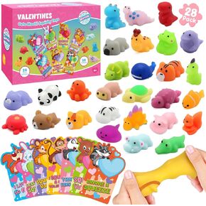 28 Pack Valentines Day Gifts for Kids, Mochi Squishies Party Favor Set with Valentines Greeting Cards for Kids, Valentine's Day School Prize Party Favor, Classroom Exchange Gift Set