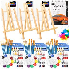 WOWOSS 3-Set Acrylic Paint Set, Sip and Paint Kit for Adults Kids Beginners, Date Night Painting Kit for Couples with 3 Canvas,3*12 Colors,3 Wooden Easels,3*10 Brushes,3 Palettes,1 Acrylic Paper Pad