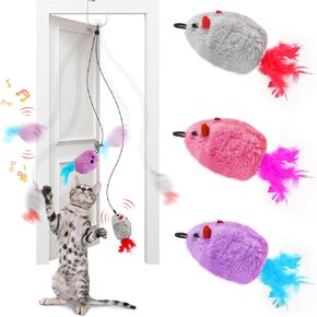 Hanging cat Toys mice with Squeaky Sound 3PCS, Retractable Teaser Toy, Interactive cat Toys for Indoor Bored Kitten Self Play Chase Exercise, Mental Physical Stimulation for All Breeds