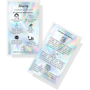 Waxing Aftercare Cards | 50 Pack | Size 2 x 3.5" inches Business Card Size | Waxing Aftercare Kit Cards PMU Matches Pre-Waxing Card | Aftercare Instructions Faux Holo Print Design