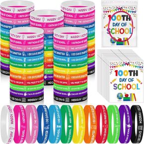 120 Sets 100 Days of School Bracelets Happy 100 Days Colorful Rubber Wristbands with Cards Sealed Bags 100 Items for 100 Days of School Student Rewards School Classroom Supplies
