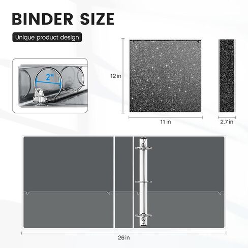 2 Inch 3 Ring Binder to School Supplies Glitter Three Ring Black Binder to Hold 375 Sheets, Black in Kuwait