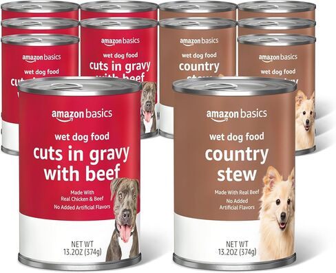Amazon Basics Cuts in Gravy Canned Dog Food Variety Pack, Country Stew Flavor and with Beef, 13.2oz (Pack of 12) in Kuwait