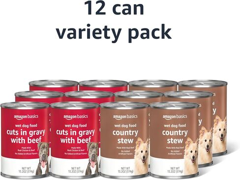 Amazon Basics Cuts in Gravy Canned Dog Food Variety Pack, Country Stew Flavor and with Beef, 13.2oz (Pack of 12) in Kuwait