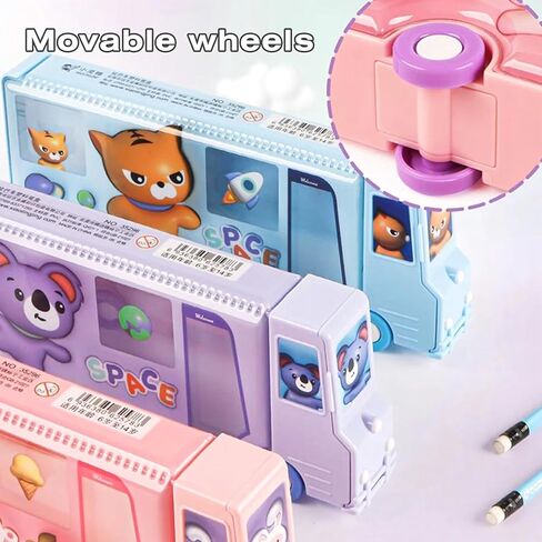School Bus Pencil Case, Cartoon Pen Box with Sharpener, Large Capacity Stationery Organizer, Best Birthday Gifts for Kids Teens School Supplies(Blue) in Saudi Arabia