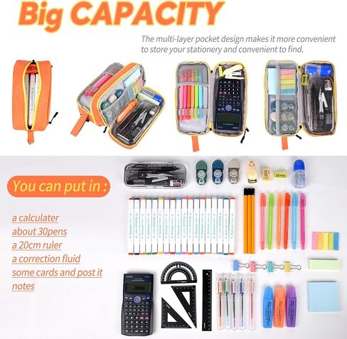 Genteen Large Capacity Pencil Case,Multifunction Pencil Pouch,Pencil Bags with Zipper 3 Compartments Pencil case organizer for or School Teen Girl Boy Men Women（Black） in Saudi Arabia