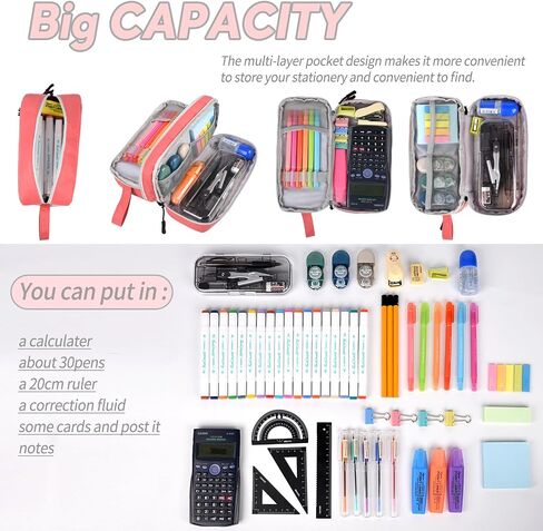 Genteen Large Capacity Pencil Case,Multifunction Pencil Pouch,Pencil Bags with Zipper 3 Compartments Pencil case organizer for or School Teen Girl Boy Men Women（Black） in Saudi Arabia