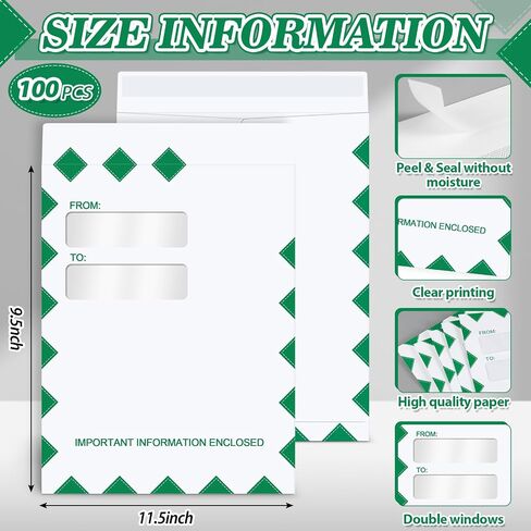 100 PCS مظاريف نافذة مزدوجة 9.5 × 11.5 بوصة منظم الضرائب المظلفات البريدية ضريبة الدخل إقرار الأمن الأمنية الأمنية اللاصقة للوثائق القانونية للمكتب البريدي ، الأخضر in Kuwait