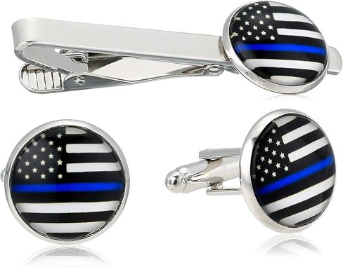 American Flag USA Tie Bar Clip and Cufflinks Set - Silver Colored Metal Plated - Luxury Clothing Accessories (Red White Blue), Small, Metal, no gemstone in Saudi Arabia