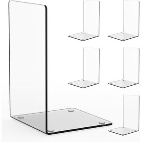 6 Pack Premium Book ends, Clear Acrylic Bookends for Shelves, Sturdy Bookends for Heavy Books, Book Organizer with Anti Slip Mats for Library Office School, Decorative Bookends for Most Styles