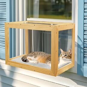 BALAPET Cat Window Catio with Wooden Frame for Sunbathing, Sturdy Clear Acrylic Cat Window Box, Waterproof Roof Pet Window Perch for Safely Enjoying The Outdoor Sights and Napping