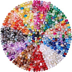 ZHIYUXI 200PCS 12Styles European Large Hole Assorted Beads Bulk for Jewelry Making Rhinestone Big Hole Spacer Lampwork Murano Glass Beads for Charms Bracelet Making Necklace DIY Craft