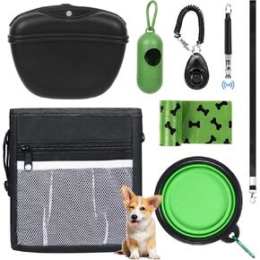 Dog Treat Pouch Pet Training Kit - Silicone Treat Bag Magnetic Closure, Puppy Training Clicker, Dog Whistle, Collapsible Dog Bowls, Poop Bags & Holder, 4 Ways to Wear Walking Fanny Pack-Black