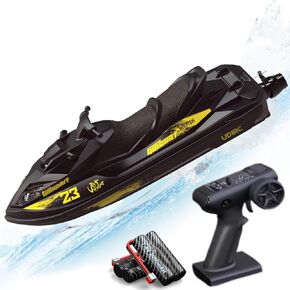 UDI R/C UDI023 Plus+ RC Racing Jet Boat Remote Controlled Watercraft Motorboat 25km/h with LED 7.4V 2000mAh 2-Battery for Boys Kids Beginners 8y+ on Lake Pool (Yellow)