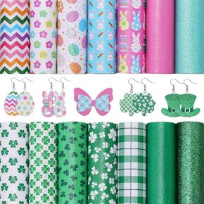 Whaline 14Pcs St. Patrick's Day and Easter Faux Leather Sheet Shamrock Bunny Egg Butterfly Synthetic Leather Glitter Sequins Fabric Crafts for Holiday Earring Hair Bow Craft DIY Gifts, 8.3 x 6.3 Inch